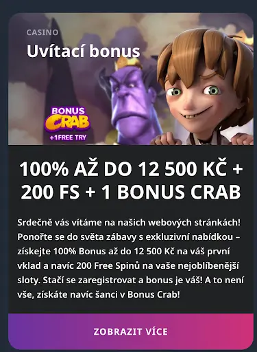 Uvítací bonus 100% až do 12 500 Kč + 200 free spinů a 1 Bonus Crab v online casinu