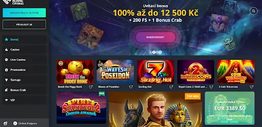 Boran Casino uvítací bonus 100% až do 12 500 Kč + 200 FS + 1 Bonus Crab