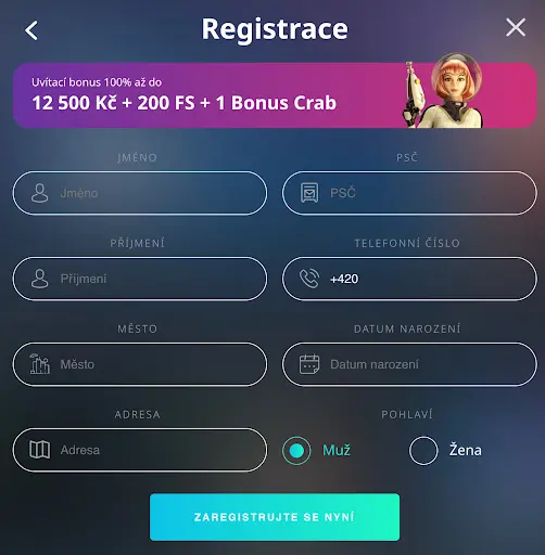 Registrační formulář v Buran Casino – uvítací bonus 100% až do 12 500 Kč + 200 FS + 1 Bonus Crab, políčka pro jméno, příjmení, adresu, PSČ, město, telefonní číslo, datum narození a výběr pohlaví.