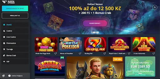 Domovská stránka Buran Casino s uvítacím bonusem 100% až do 12 500 Kč + 200 FS + 1 Bonus Crab a nabídkou populárních her.