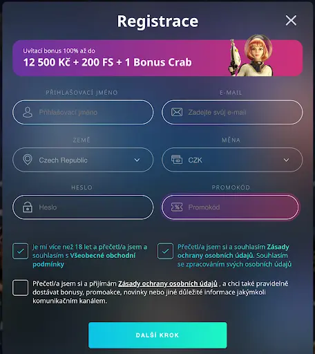 Registrační formulář s uvítacím bonusem 100% až do 12 500 Kč + 200 FS + 1 Bonus Crab