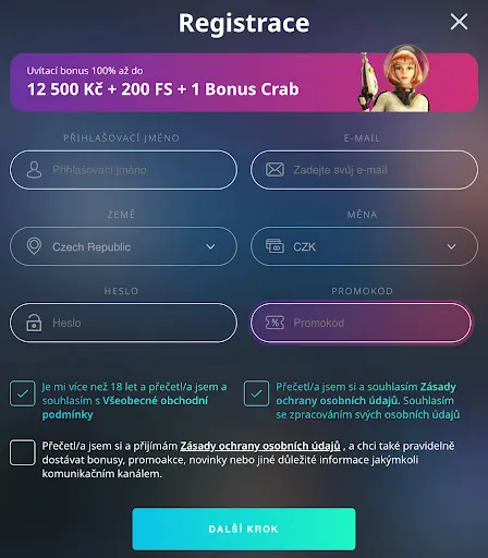 Registrační formulář v Buran Casino s uvítacím bonusem 100% až do 12 500 Kč + 200 FS + 1 Bonus Crab, políčky pro přihlašovací údaje, e-mail, zemi, měnu a heslo.