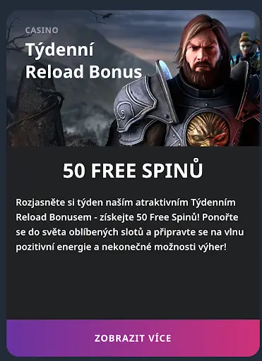 Týdenní Reload Bonus – nabídka 50 free spinů v casinu