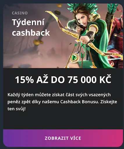 Casino týdenní cashback bonus 15 % až do 75 000 Kč