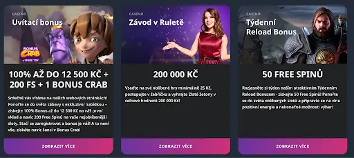 Casino bonusy – uvítací bonus 100% až 12 500 Kč, závod v ruletě o 200 000 Kč a týdenní reload bonus 50 free spinů